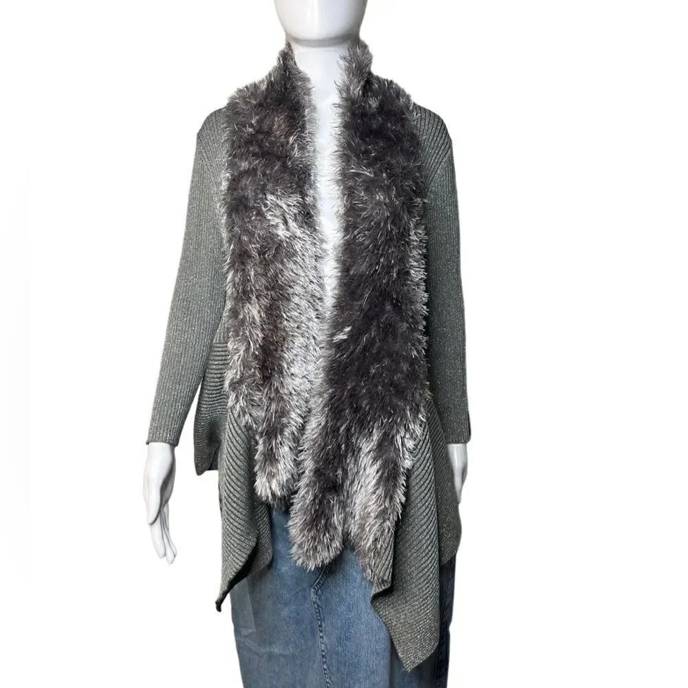 Lauren Michelle Faux Fur Lined Asymmetrical Open Front Cardigan silver Large
